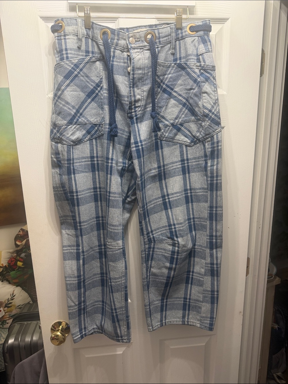 Free People We the Free Moxie Pull on Barrel Jeans Size 30 Blue Plaid - Picture 2 of 3